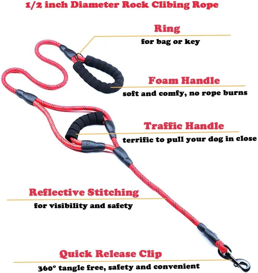 Love Dream Dog Leash 5ft Long with 2 Comfortable Padded Handles, Reflective Threads Double Handles Lead for Control Safety Dog Training Leash for Small Medium Large Dogs (5 FT, Red)