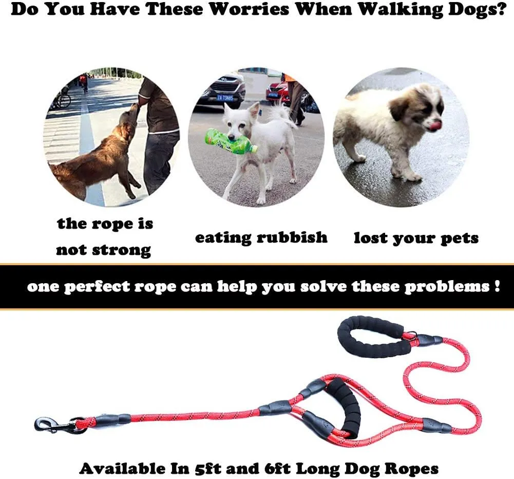 Love Dream Dog Leash 5ft Long with 2 Comfortable Padded Handles, Reflective Threads Double Handles Lead for Control Safety Dog Training Leash for Small Medium Large Dogs (5 FT, Red)
