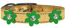 Metallic Flower Leather Collar Gold With Metallic Emerald Green Flowers Size 20