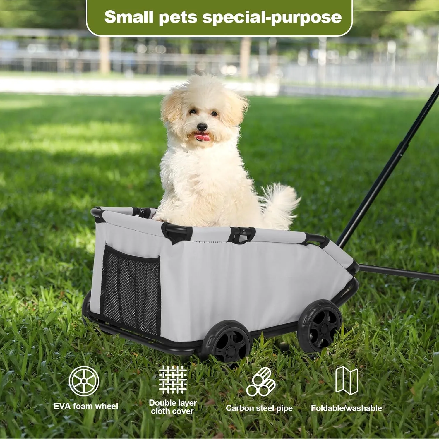 Mini Dog Stroller, Foldable Pet Stroller for Small Dogs & Cats with Safety Rope, Storage Basket & Built-in Cushion - Extendable Handle, Lightweight Carrier for Travel, Walking, Vet Visits (Gray)