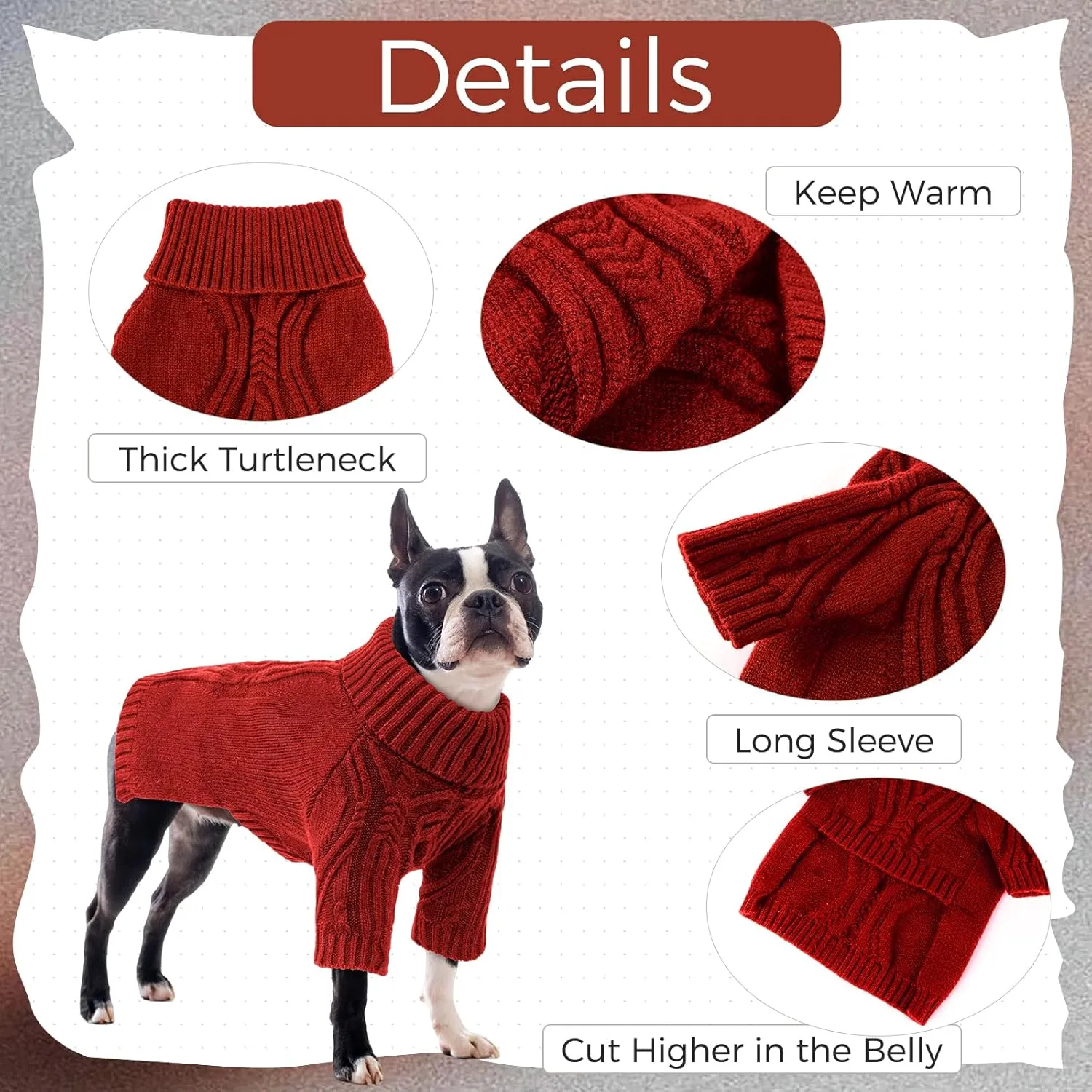 NACOCO Christmas Dog Turtleneck Sweater - Small Dog Sweater Pet Clothes Thanksgiving Doggie Sweatshirt Fall Knit Warm Winter Apparel Knitwear Outfit for French Bulldog, Corgi (Red, L)