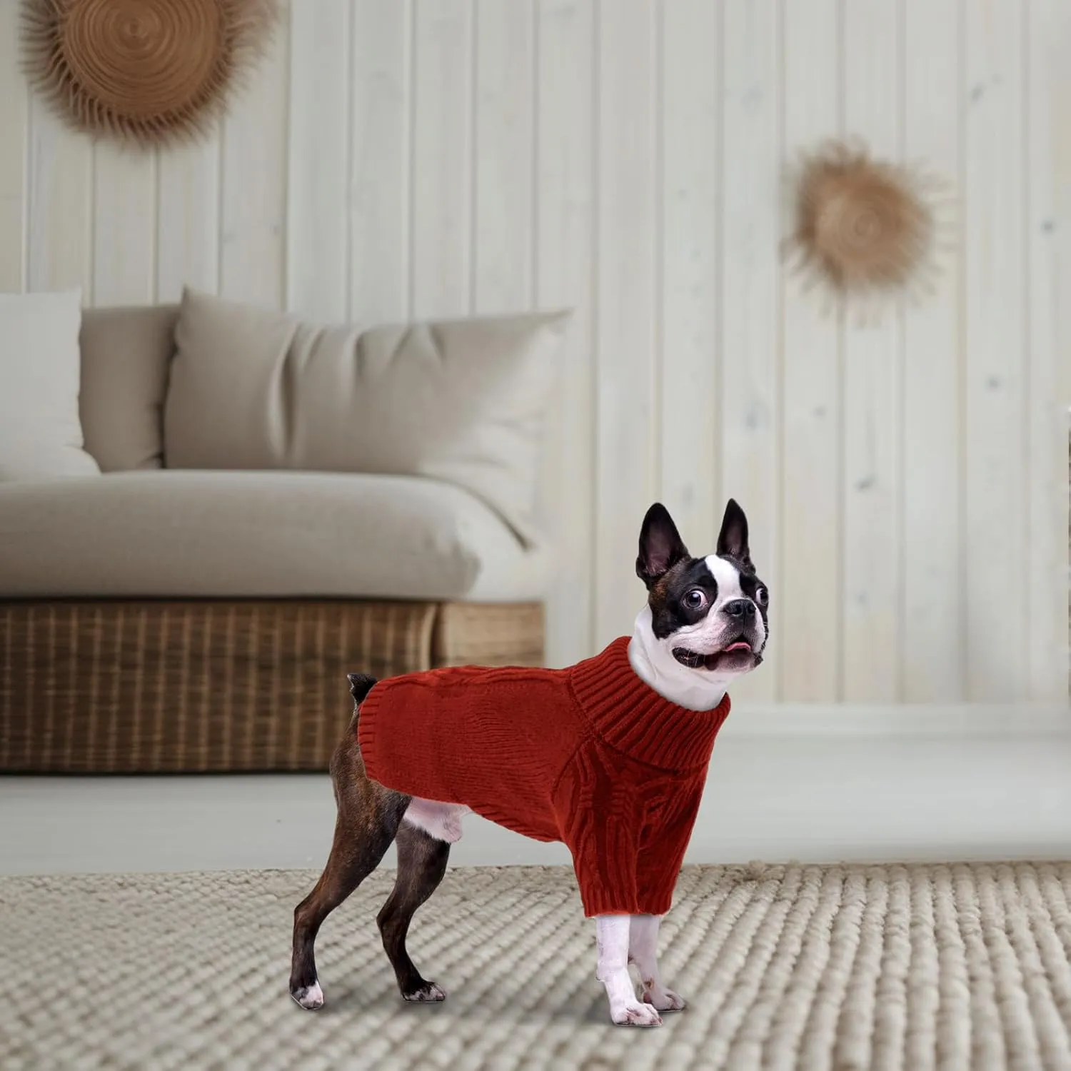 NACOCO Christmas Dog Turtleneck Sweater - Small Dog Sweater Pet Clothes Thanksgiving Doggie Sweatshirt Fall Knit Warm Winter Apparel Knitwear Outfit for French Bulldog, Corgi (Red, L)