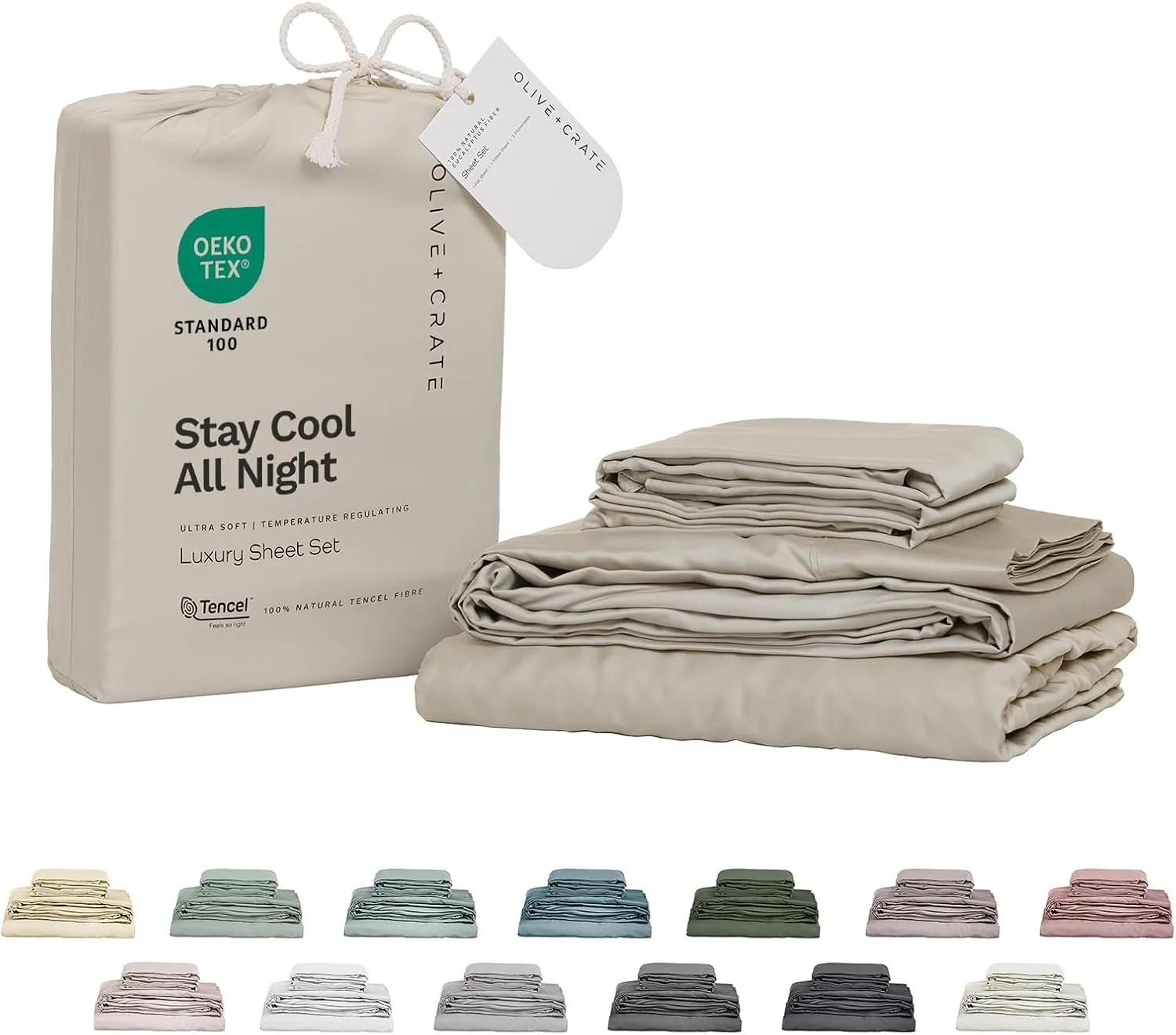 Olive   Crate Eucalyptus Sheets Set  Cooling Sheets for Hot Sleepers  100% Organic Tencel Lyocell  Split King Size, Hypoallergenic, Moisture-Wicking, Deep Pockets, Soft, Durable 107 x 106 [Oatmeal]