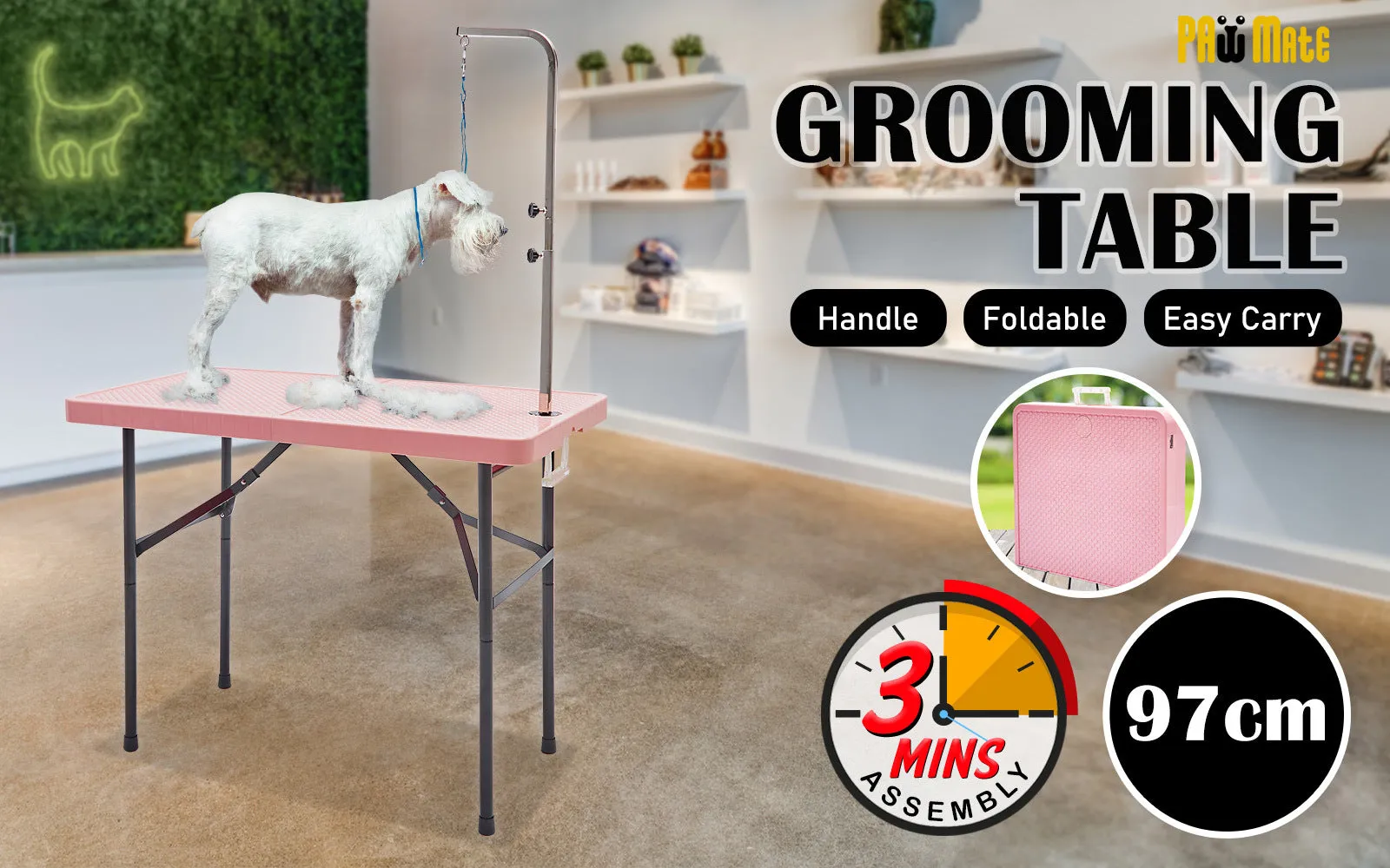 Paw Mat 97cm Pink Dog Cat Pet Grooming Salon Table - Foldable, Carry, Height Adjustable