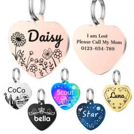 Personalized Dog Tags, Stainless Steel Pet Tags Personalized Cat, Collar Charm Engraved on Both Sides, up to 4 Lines of Custom Text, various Patterns and Colors Options (Black-Heart-Floral)