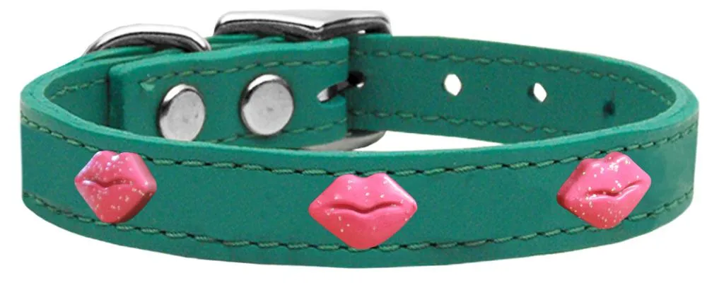 Pink Glitter Lips Widget Genuine Leather Dog Collar Jade 14