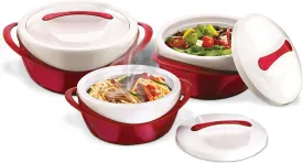 Pinnacle Insulated Casserole Dish with Lid 3 pc. set 2.6/1.25/.6 qt. Elegant Hot Pot Food Warmer/Cooler - Large Thermal Soup/Salad Serving Bowl- Stainless Steel Best Gift Set for Moms Holidays Red