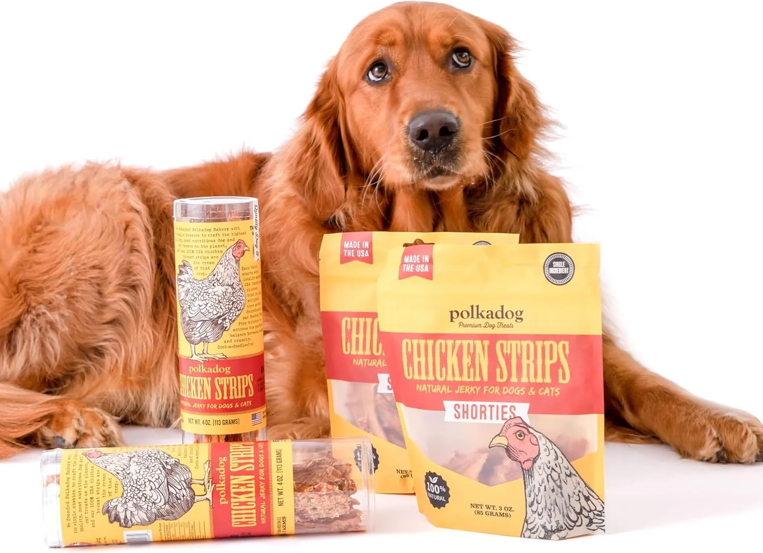 Polkadog Chicken Strip Jerky Dog & Cat Treat - Handmade, Single-Ingredient, Grain Free, USA Farm-Raised Chicken - Dog Jerky Treat - Made in USA, 3oz