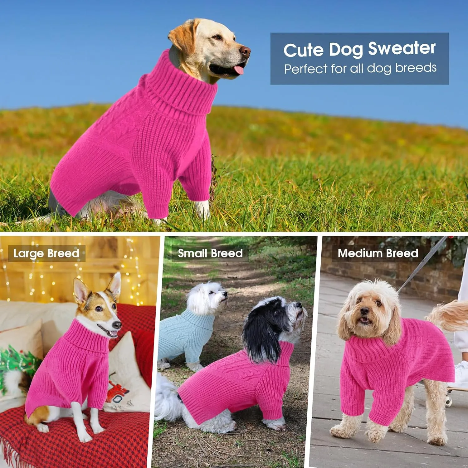 Queenmore XS Dog Sweater, Dog Sweaters for Small Dogs Girl or Boy, Dog Christmas Sweater XSmall, Winter Puppy Doggie Sweatshirt Knitwear, Pet Chunky Warm Coat for Medium Large Size Dogs, Fuchsia XS