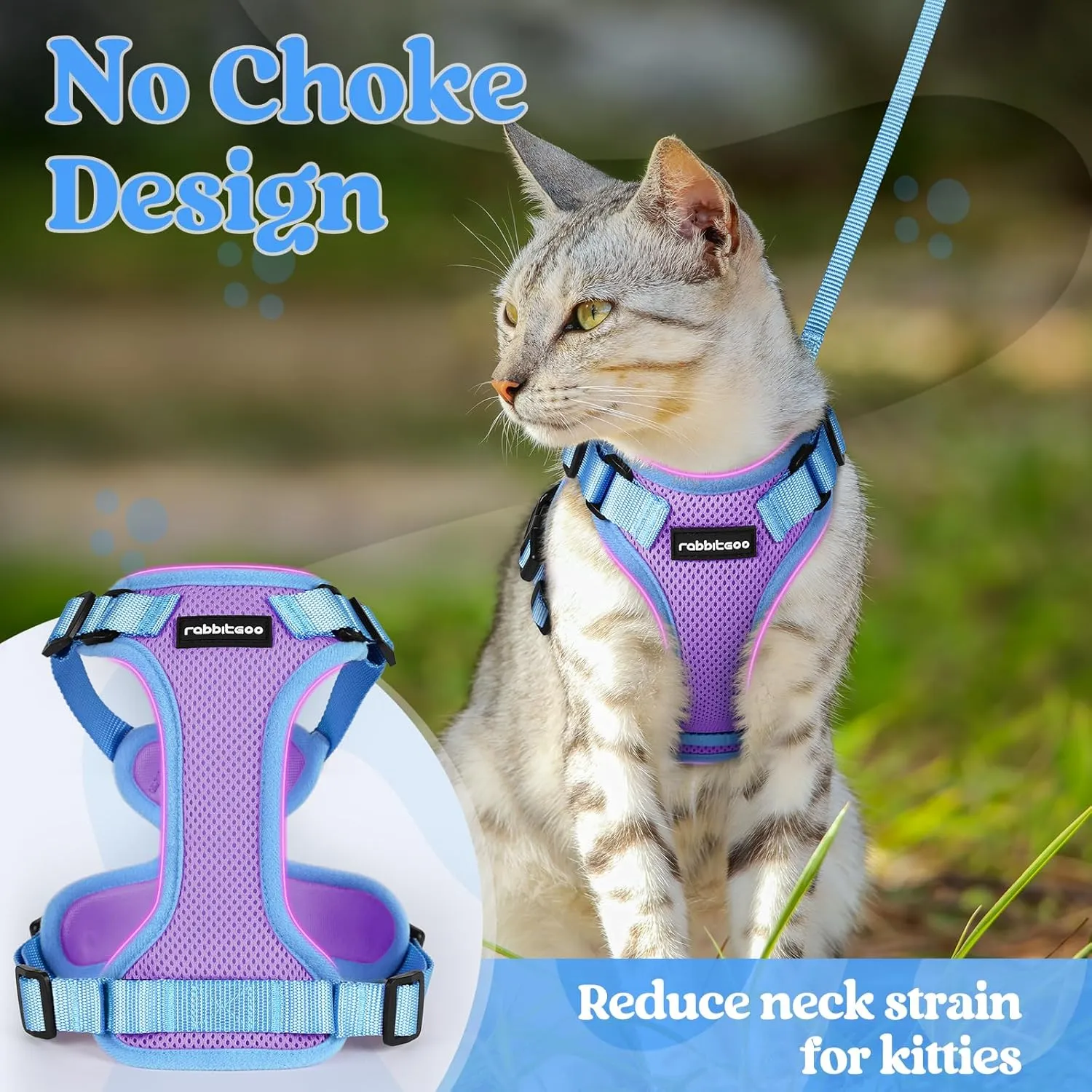 rabbitgoo Cat Harness and Leash Set, Escape Proof Soft Adjustable Vest Harnesses for Outdoor Walking, Easy Control Breathable Kitten Jacket with Reflective Strips, Purple & Blue, XS