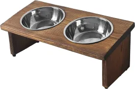 Raised Tilted Cat & Dog Bowl Set, Elevated Slanted Feeder with Adjustable Wooden Stand, Anti-Slip, 2 Stainless Steel Bowls (10oz Each), Brown, Stylish, Small Breeds