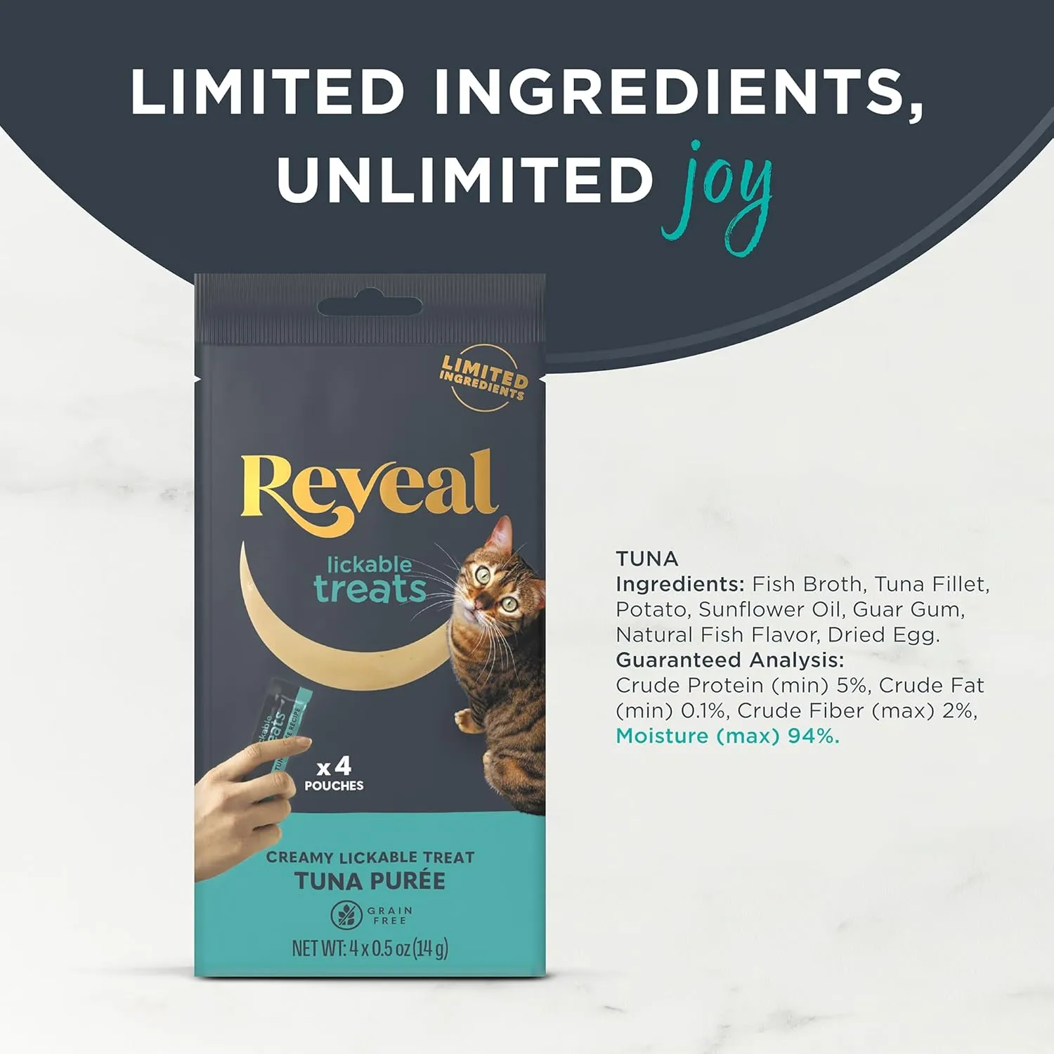 Reveal Lickable Cat Treats, Natural Pure Treats for Cats, Grain Free and Made with Limited Ingredients, Tuna Squeeze Up Cat Treats (40 x 0.5 oz Sachet Multipack)