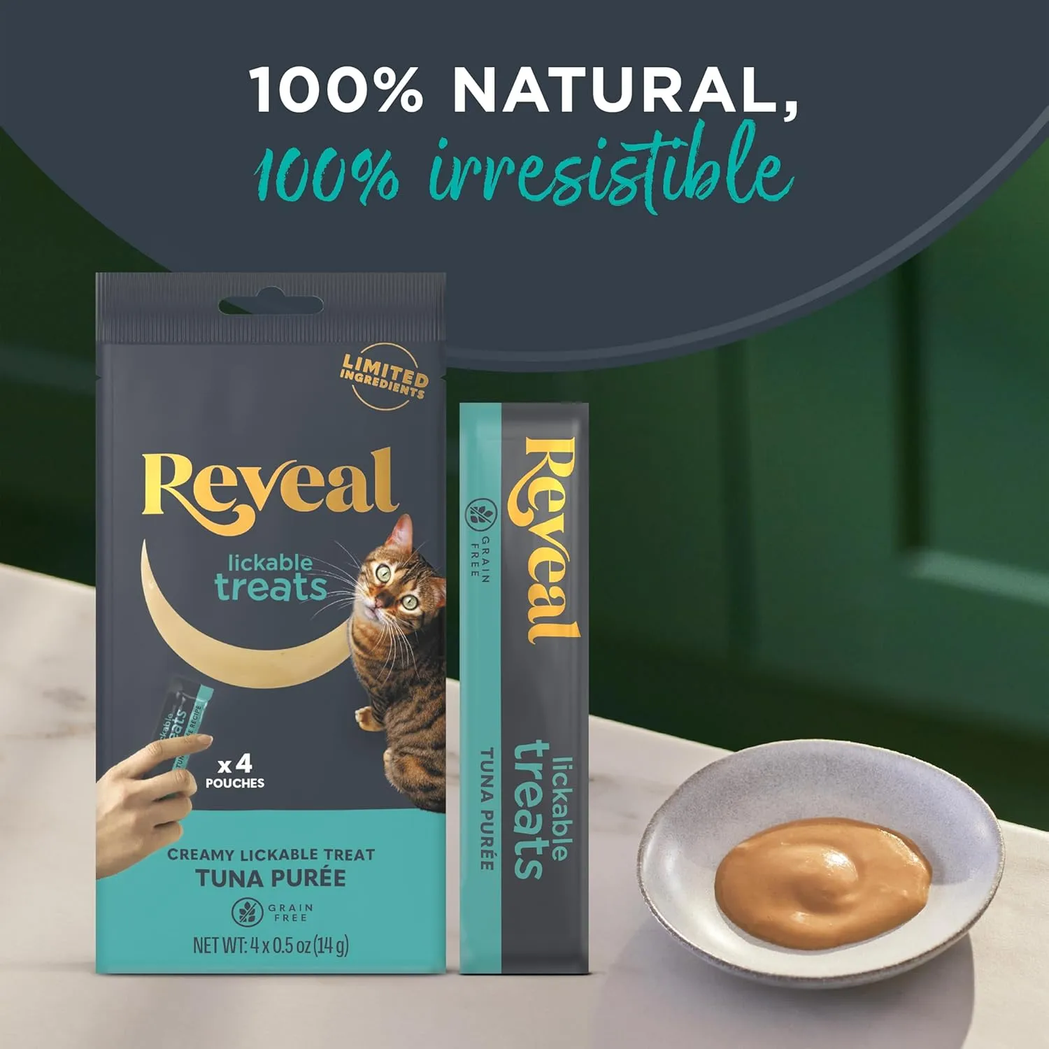 Reveal Lickable Cat Treats, Natural Pure Treats for Cats, Grain Free and Made with Limited Ingredients, Tuna Squeeze Up Cat Treats (40 x 0.5 oz Sachet Multipack)