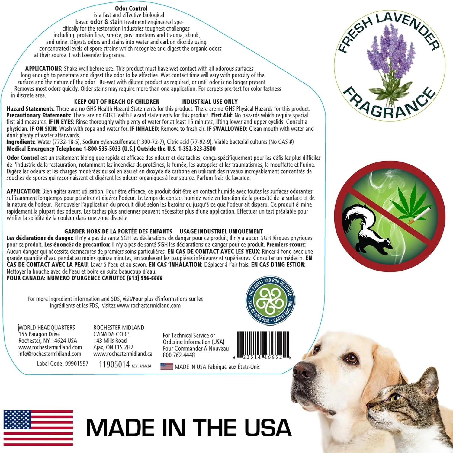 Rochester Midland PRS Stain & Odor Eliminator- 32oz, Enzyme Urine Odor Eliminator, Carpet Cleaner Spray, Fresh Lavender Fragrance for Strong Odor, Dog Pee and Cat Urine Enzyme Cleaner Destroyer