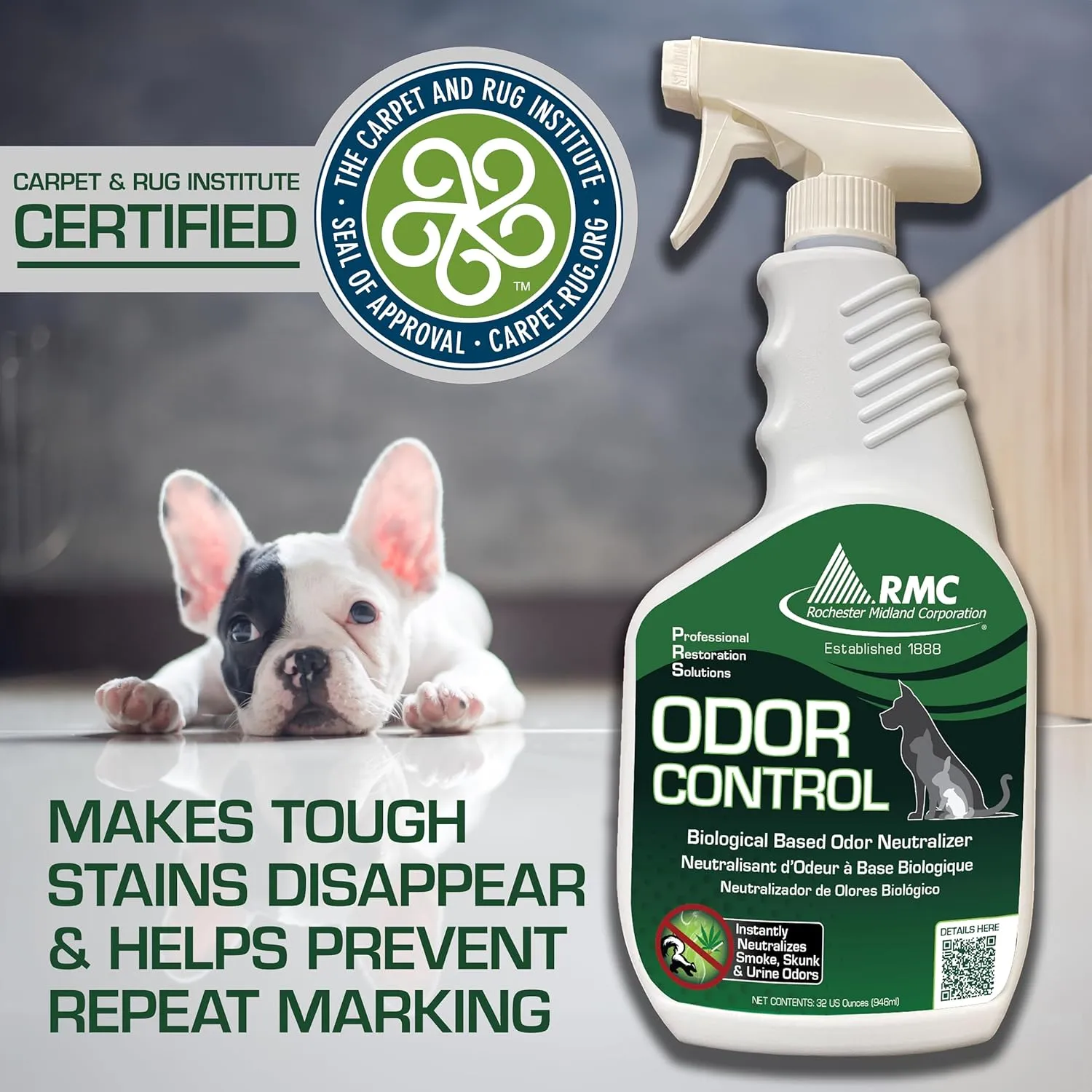 Rochester Midland PRS Stain & Odor Eliminator- 32oz, Enzyme Urine Odor Eliminator, Carpet Cleaner Spray, Fresh Lavender Fragrance for Strong Odor, Dog Pee and Cat Urine Enzyme Cleaner Destroyer