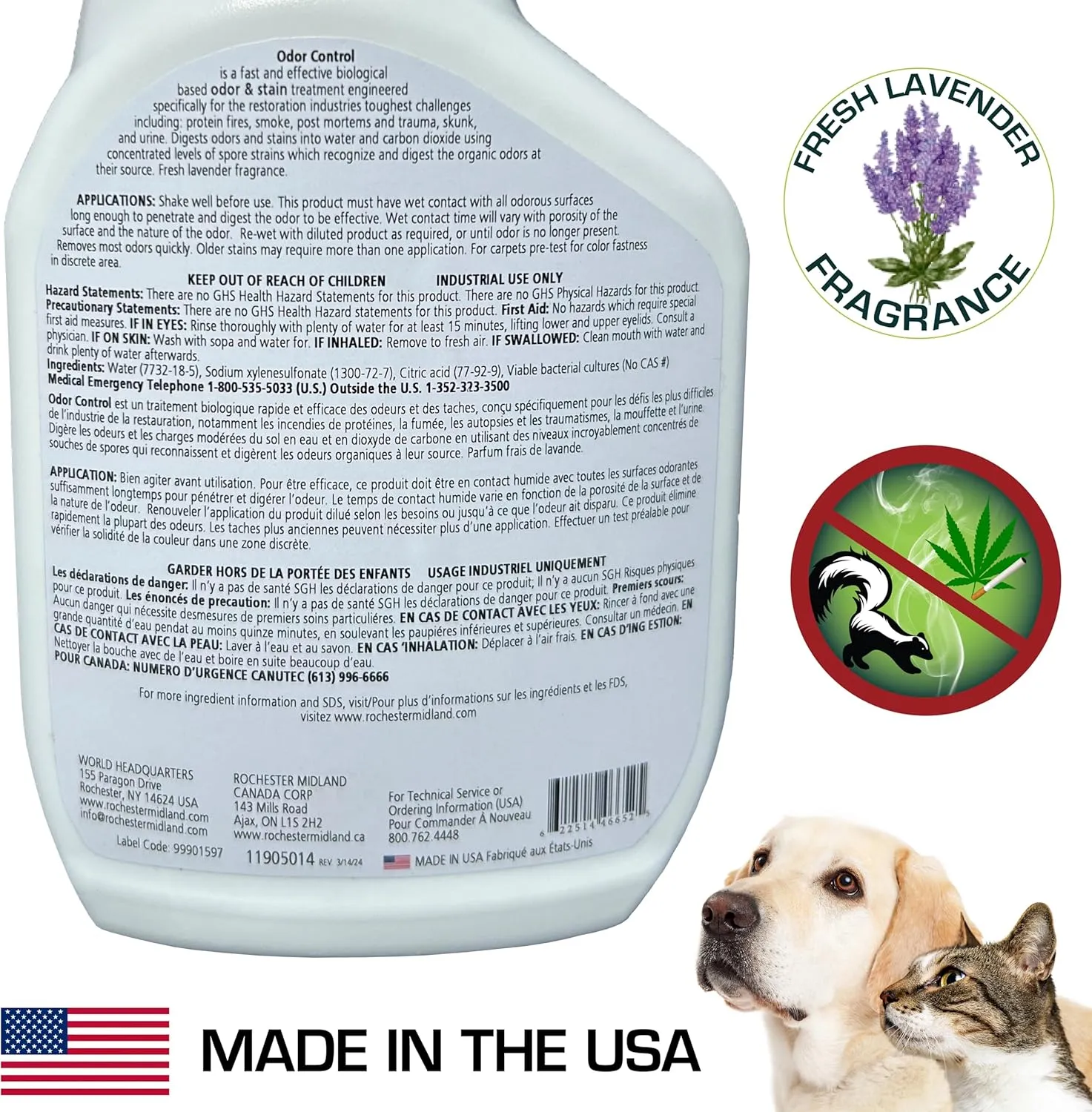 Rochester Midland PRS Stain & Odor Eliminator- 32oz, Enzyme Urine Odor Eliminator, Carpet Cleaner Spray, Fresh Lavender Fragrance for Strong Odor, Dog Pee and Cat Urine Enzyme Cleaner Destroyer
