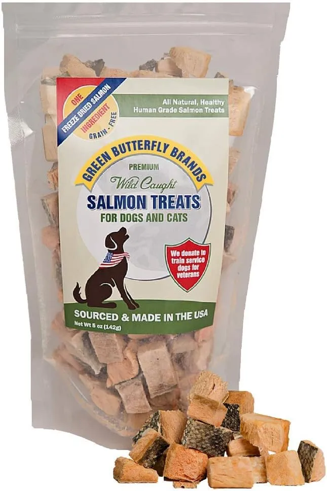 Salmon Dog Treats  Made in USA Only  1 Ingredient: Wild Caught American Salmon  Freeze Dried Raw, Human Grade  No Additives or Preservatives - Grain Free Cat Snack, 5 Ounces