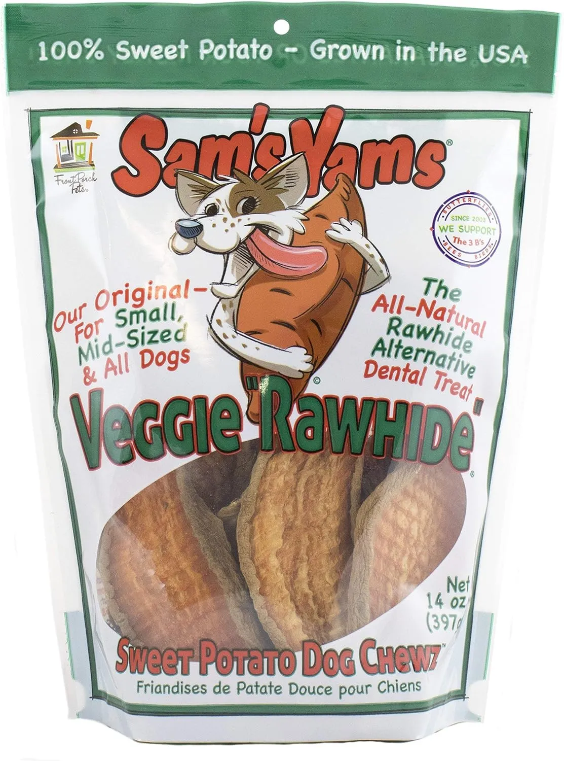 Sam's Yams Sweet Potato Dog Treats, Healthy Dog Treats for Small, Medium, and Large Breed Dogs - Made in USA, High Fiber, Vegan Dental Chews - Veggie Rawhide, Sweet Potato Dog Chewz, 14oz Single Pack