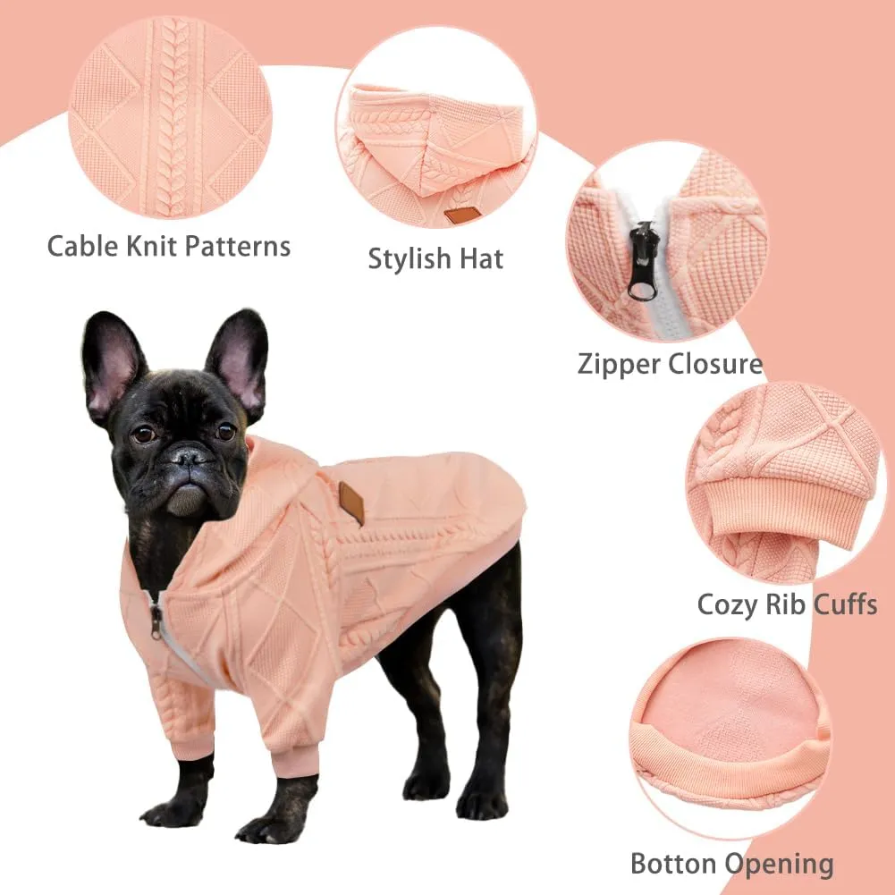 Small Dog Sweater Knitted Pet Sweaters Warm Dog Clothes with Zipper, Hooded Sweatshirt Cable Knitwear Puppy Winter Coat for Small Dogs Girl Boy Soft Cat Apparel(XS, Pink)