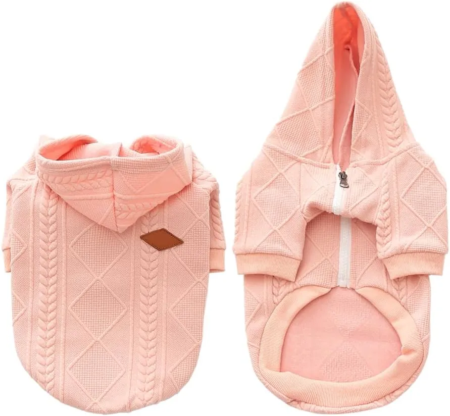 Small Dog Sweater Knitted Pet Sweaters Warm Dog Clothes with Zipper, Hooded Sweatshirt Cable Knitwear Puppy Winter Coat for Small Dogs Girl Boy Soft Cat Apparel(XS, Pink)