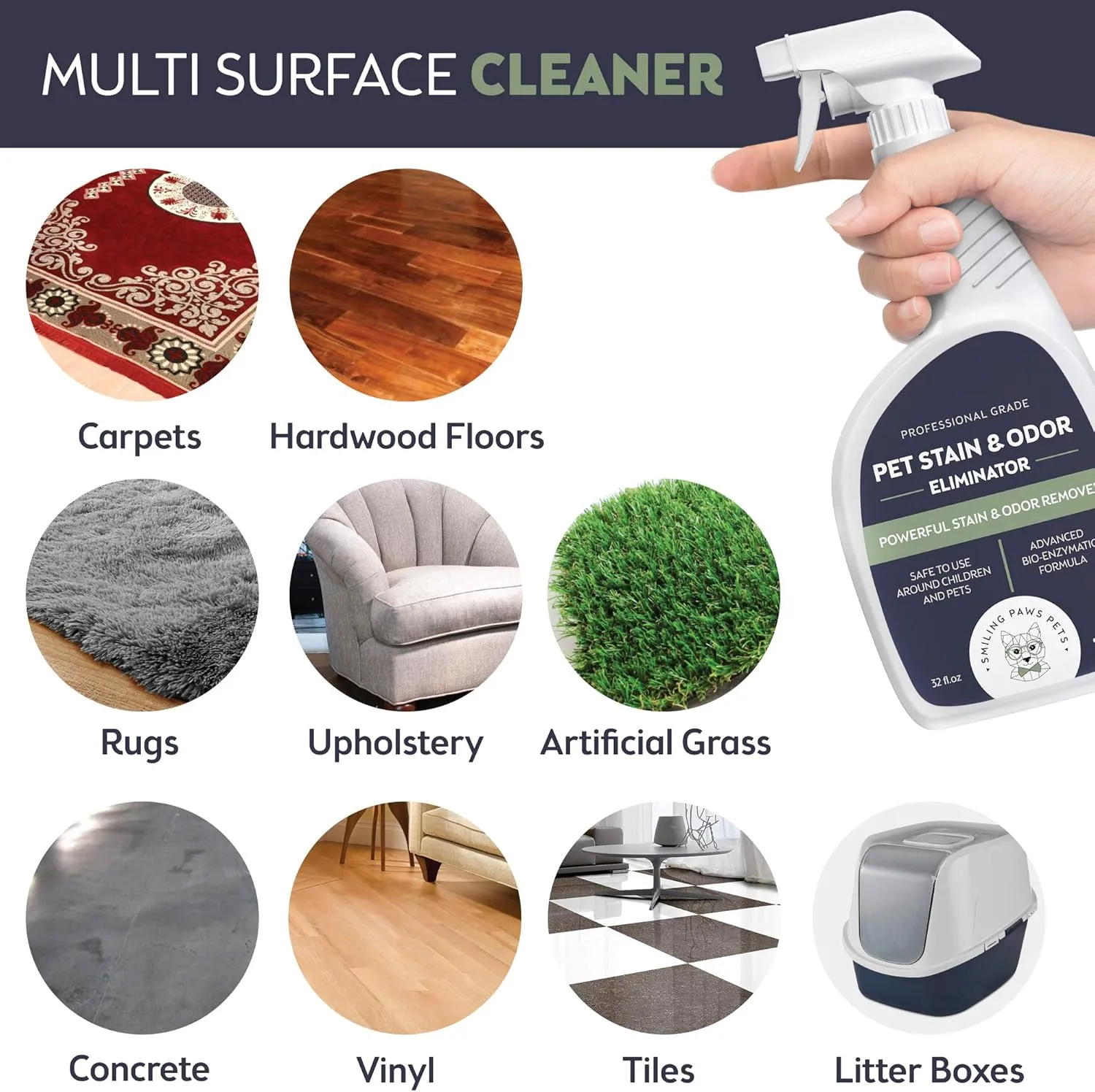 Smiling Paws Pets Cat & Dog Urine Odor Eliminator | Cat Urine Enzyme Cleaner Destroyer | Pet Urine Enzyme Cleaner | Pet Odor Eliminator, Stain & Odor Remover of Cat Dog Pee from Wood Carpet Upholstery