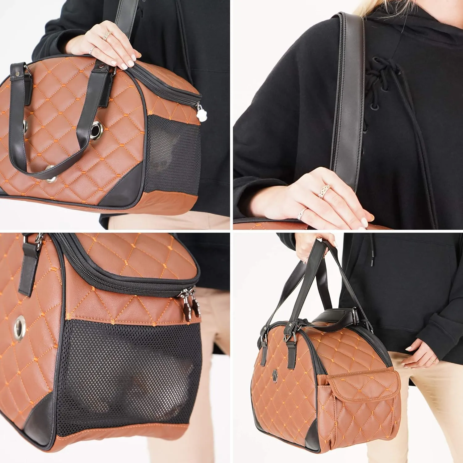 SUSSEXHOME Pets Small Pet Carrier for Small Dogs and Cats - Waterproof Faux Leather Pet Travel Tote Bag - Double Strap Travel Pet Carrier for Cat Travel Bag - 19.7 x 8.7 x 13.4 Inch - Camel