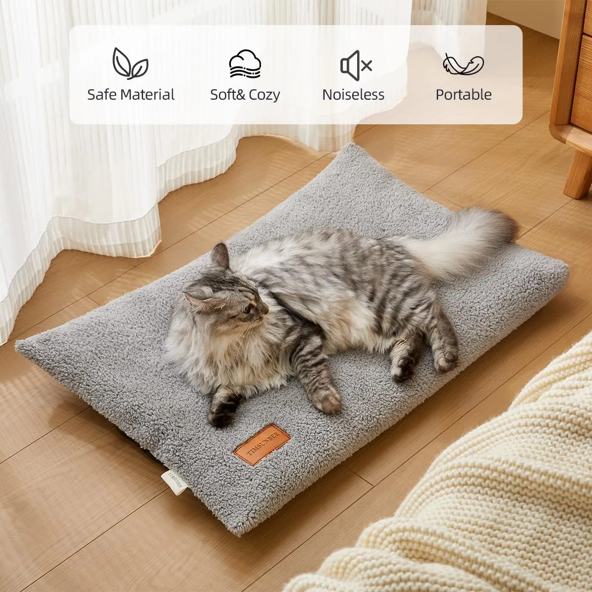 Ultra Soft Cat Bed Mat 29 x 19 Inch Cozy Pet Cushion with Non-Slip Bottom Washable Self-Warming Sleep Dog Pad for Crates Carriers (Light Gray)