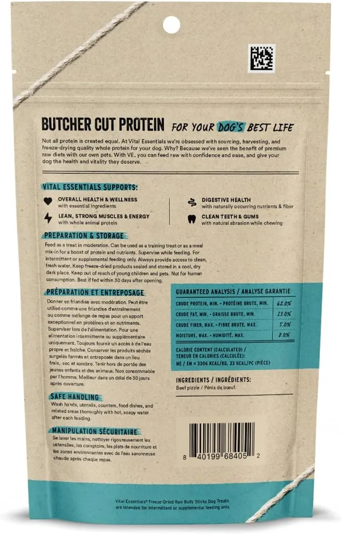 Vital Essentials Bully Sticks Dog Treats, 1.4 oz | Freeze-Dried Raw | Single Ingredient |Premium Quality High Protein Training Treats | Grain Free, Gluten Free, Filler Free
