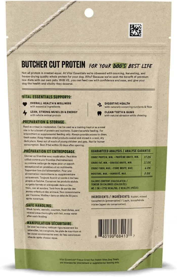 Vital Essentials Rabbit Bites Dog Treats, 2 oz | Freeze-Dried Raw | Single Protein |Premium Quality High Protein Training Treats | Grain Free, Gluten Free, Filler Free