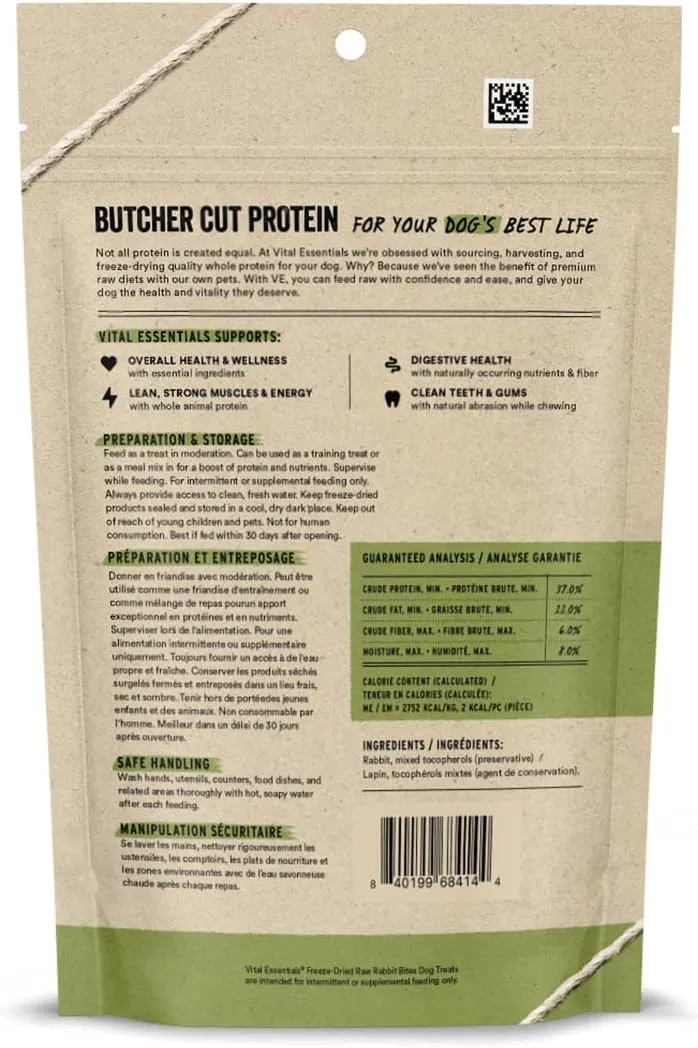 Vital Essentials Rabbit Bites Dog Treats, 5 oz | Freeze-Dried Raw | Single Protein |Premium Quality High Protein Training Treats | Grain Free, Gluten Free, Filler Free