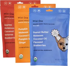 Wild One Organic Natural Crunchy Baked Dog Treats Made in The USA Variety Pack PB&J, Fruit Salad, Pumpkin 8 Ounce with 3 Bags