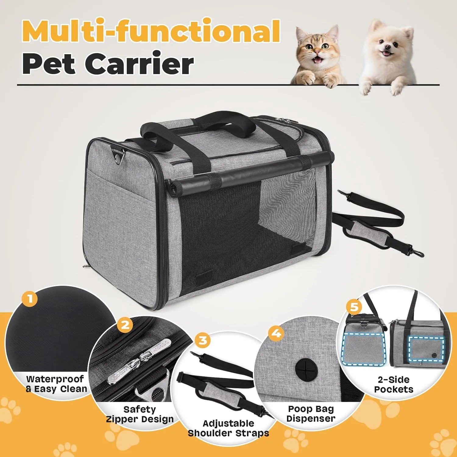 YUDODO 25 lbs Lightproof Soft Sided Large Cat Carrier for Small Dog Pet Airline Approved Travel Bag Puppy Carriers with Side Pockets & Reflective Mesh, Foldable Portable for Outdoor Car Grey
